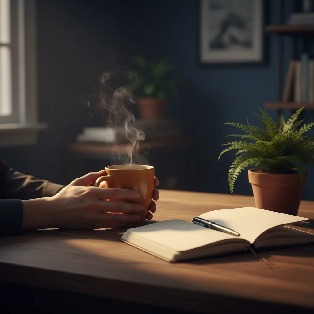 Handen met een kop kruidenthee op een houten bureau - redactionele sfeer The Bramble Wellness