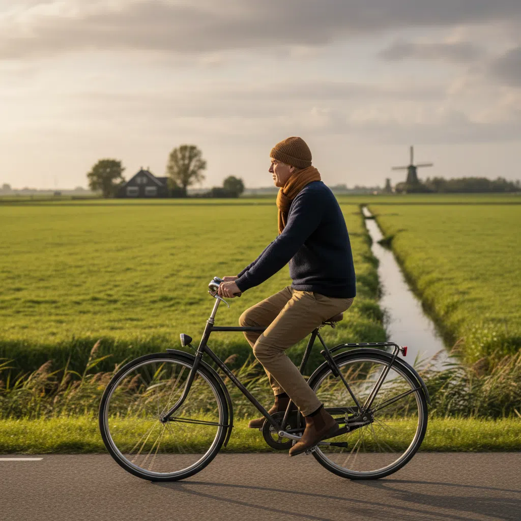 Man boven de 50 op de fiets in Nederlandse polderlandschap - actieve leefstijl mannen 50 plus